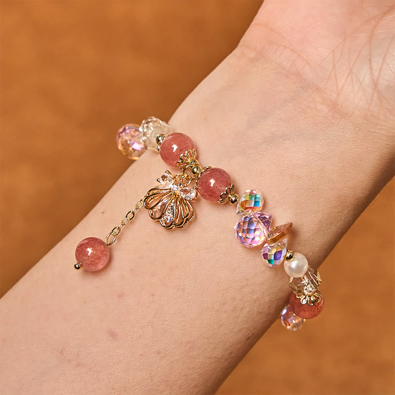Buddha Stones天然ストロベリークォーツ パールシェル ポジティブブレスレット