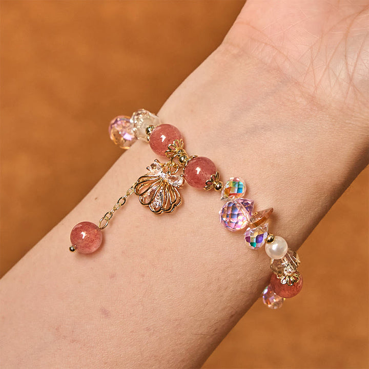 Buddha Stones天然ストロベリークォーツ パールシェル ポジティブブレスレット