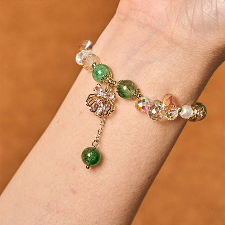 Buddha Stones天然ストロベリークォーツ パールシェル ポジティブブレスレット