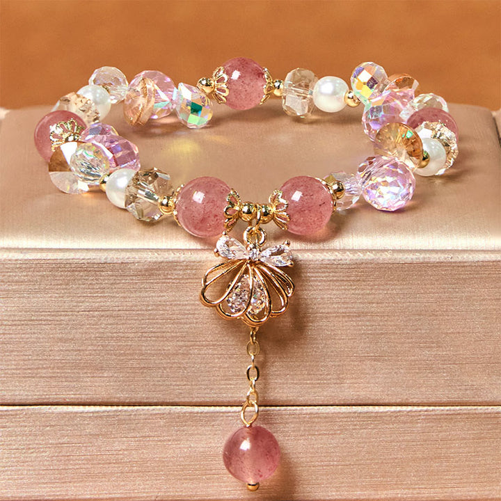 Buddha Stones天然ストロベリークォーツ パールシェル ポジティブブレスレット