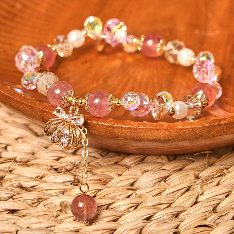 Buddha Stones天然ストロベリークォーツ パールシェル ポジティブブレスレット