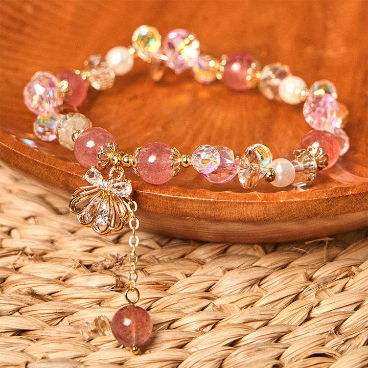 Buddha Stones天然ストロベリークォーツ パールシェル ポジティブブレスレット