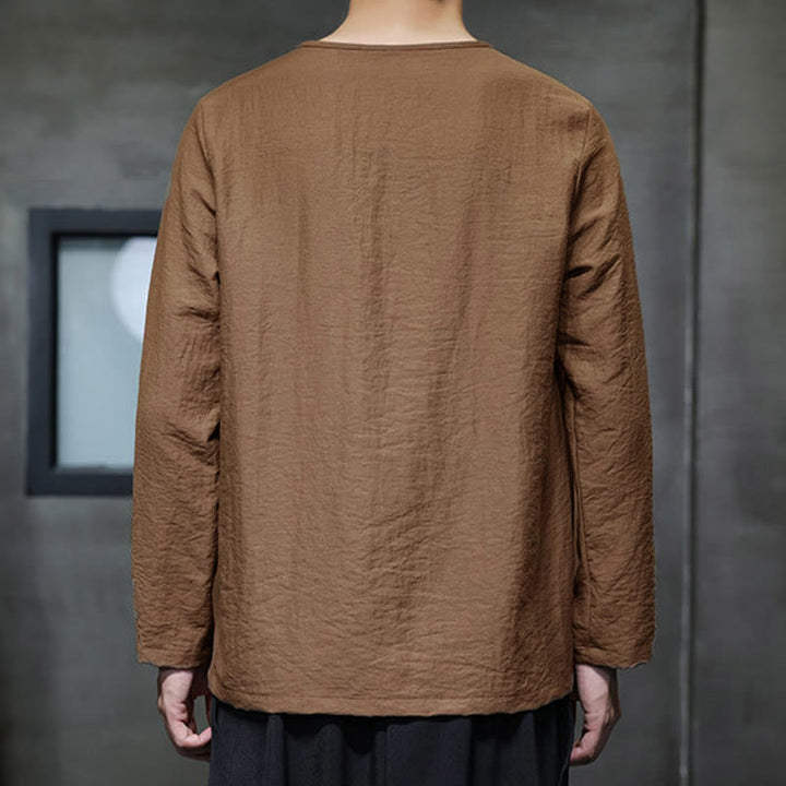 Buddha Stones無地 ゆったり 長袖 ラウンドネック コットン メンズシャツ - image 35