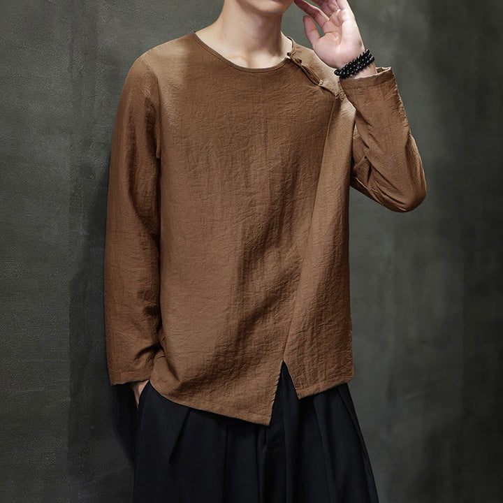 Buddha Stones無地 ゆったり 長袖 ラウンドネック コットン メンズシャツ - image 40