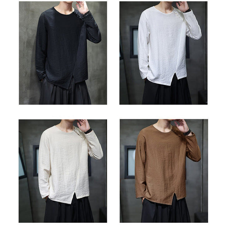 Buddha Stones無地 ゆったり 長袖 ラウンドネック コットン メンズシャツ - image 43