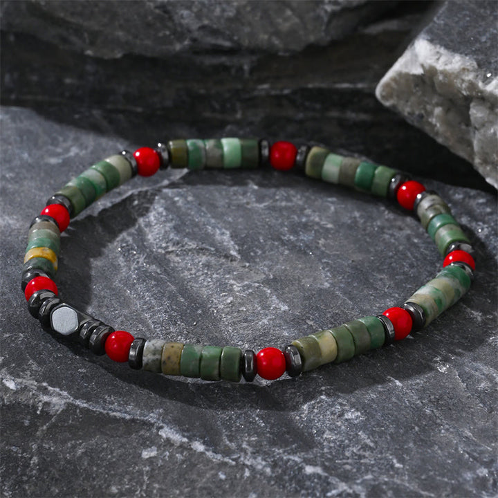 Buddha Stones天然グリーンストーンヘマタイトレッドコーラルパワフルブレスレット