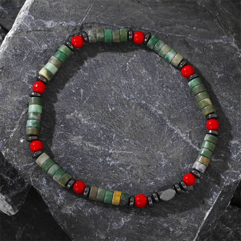 Buddha Stones天然グリーンストーンヘマタイトレッドコーラルパワフルブレスレット