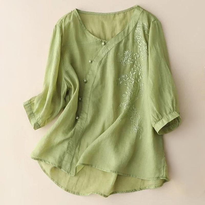 Buddha Stonesカジュアル ルーズ 花刺繍 カエルボタン 半袖 レディース シャツ - 黄緑 - US14、 UK/AU18、 EU46 (4XL) - image 1