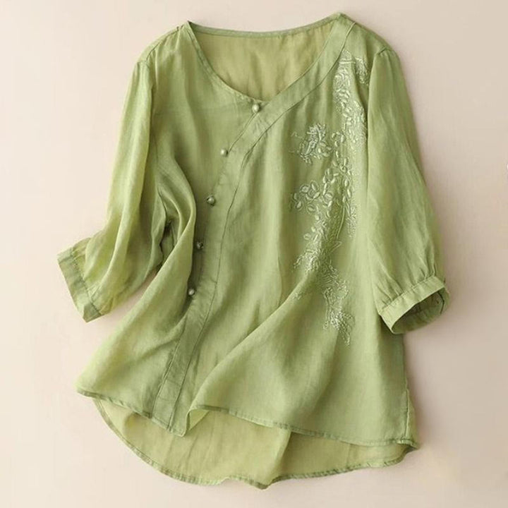 Buddha Stonesカジュアル ルーズ 花刺繍 カエルボタン 半袖 レディース シャツ - 黄緑 - US14、 UK/AU18、 EU46 (4XL) - image 1