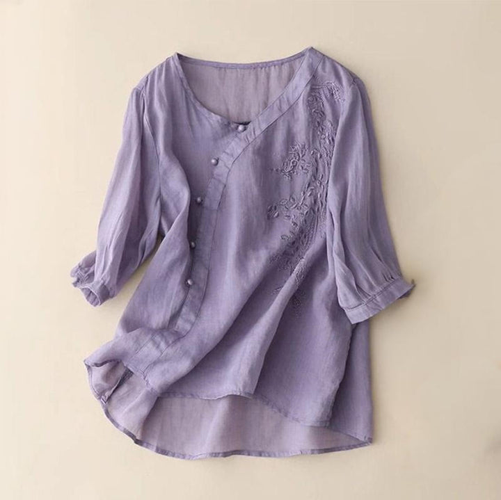 Buddha Stonesカジュアル ルーズ 花刺繍 カエルボタン 半袖 レディース シャツ - ミディアムパープル - US14、 UK/AU18、 EU46 (4XL) - image 3