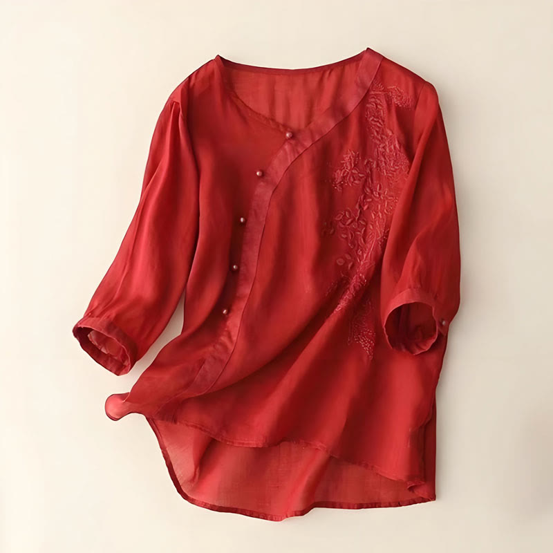 Buddha Stonesカジュアル ルーズ 花刺繍 カエルボタン 半袖 レディース シャツ - ファイアブリック - US14、 UK/AU18、 EU46 (4XL) - image 5