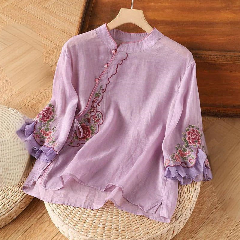 Buddha Stonesカジュアルゆったり牡丹刺繍カエルボタン七分袖レディースシャツ - 梅 - US14、 UK/AU18、 EU46 (4XL) - image 4