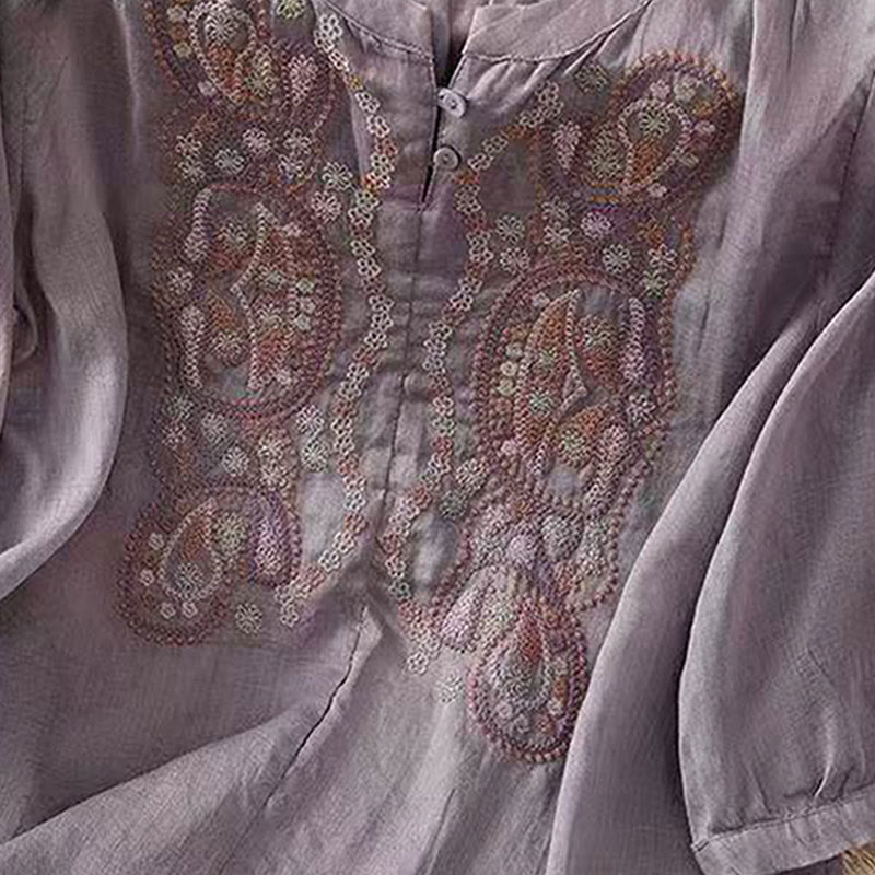 Buddha Stonesカジュアル ルーズ 刺繍 カエルボタン 半袖 クルーネック コットン レディース シャツ - image 2