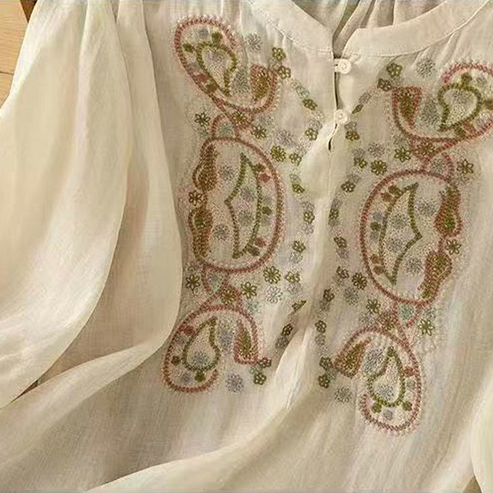 Buddha Stonesカジュアル ルーズ 刺繍 カエルボタン 半袖 クルーネック コットン レディース シャツ - image 7