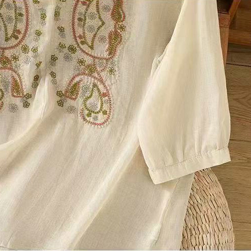 Buddha Stonesカジュアル ルーズ 刺繍 カエルボタン 半袖 クルーネック コットン レディース シャツ - image 6