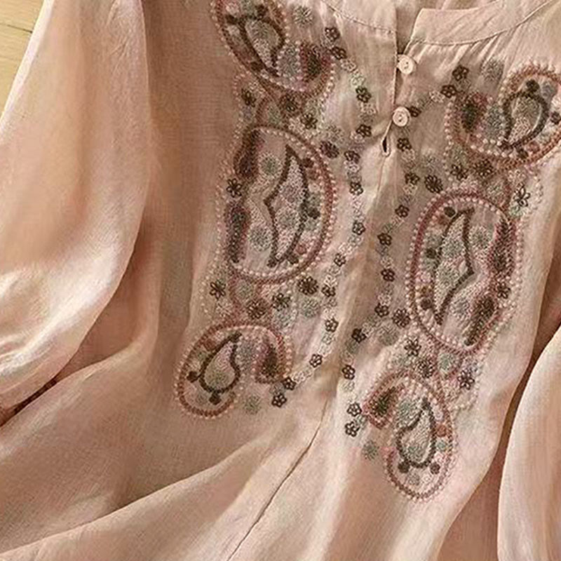 Buddha Stonesカジュアル ルーズ 刺繍 カエルボタン 半袖 クルーネック コットン レディース シャツ - image 14