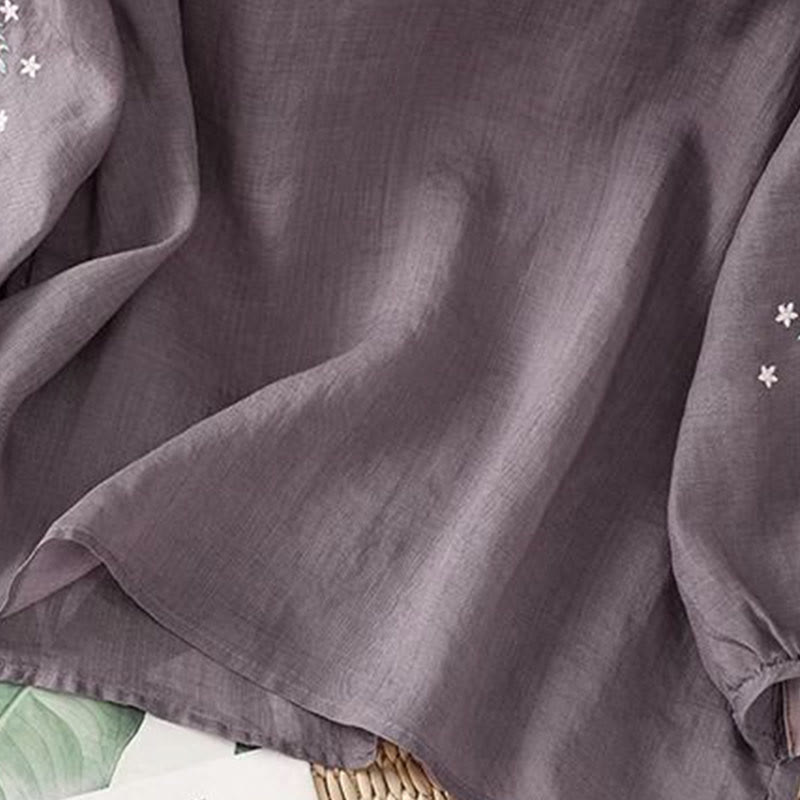 Buddha Stonesカジュアル 花 葉 刺繍 レディース クルーネックデザイン 七分袖 コットンリネン Tシャツ - image 2