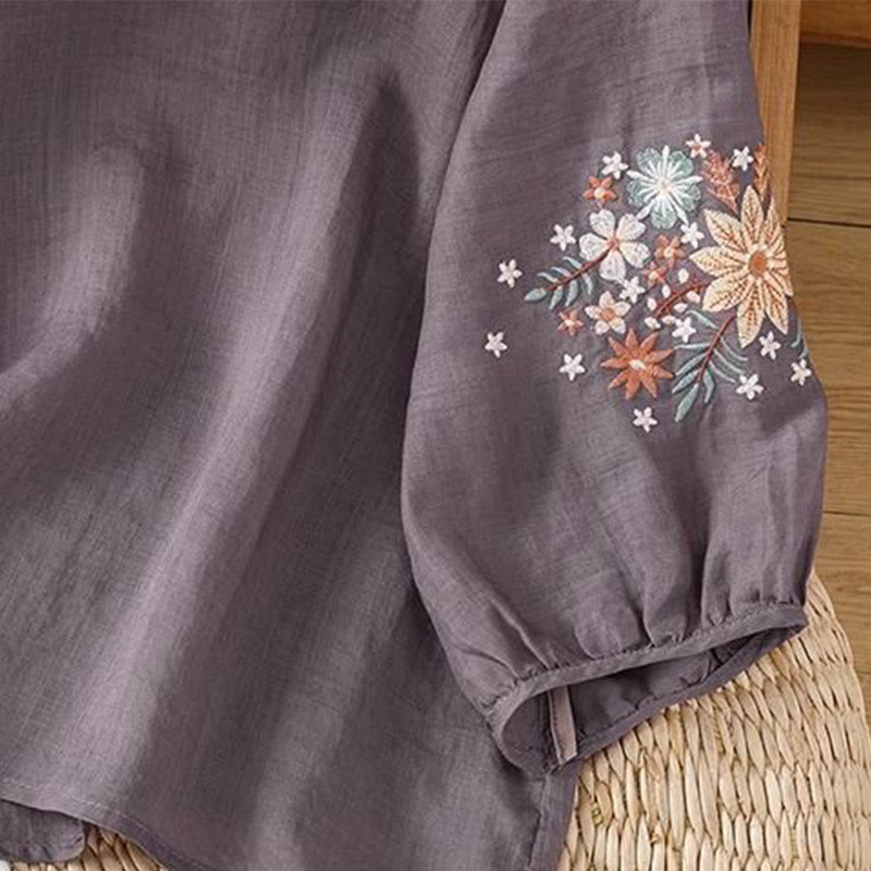 Buddha Stonesカジュアル 花 葉 刺繍 レディース クルーネックデザイン 七分袖 コットンリネン Tシャツ - image 3