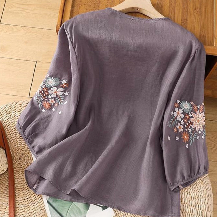 Buddha Stonesカジュアル 花 葉 刺繍 レディース クルーネックデザイン 七分袖 コットンリネン Tシャツ - image 4
