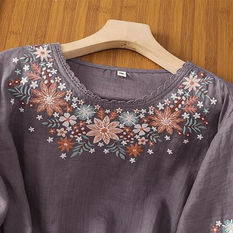 Buddha Stonesカジュアル 花 葉 刺繍 レディース クルーネックデザイン 七分袖 コットンリネン Tシャツ - image 1