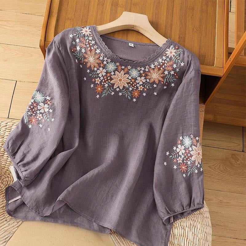 Buddha Stonesカジュアル 花 葉 刺繍 レディース クルーネックデザイン 七分袖 コットンリネン Tシャツ - ミディアムパープル - US12、 UK/AU16、 EU44 (3XL) - image 0