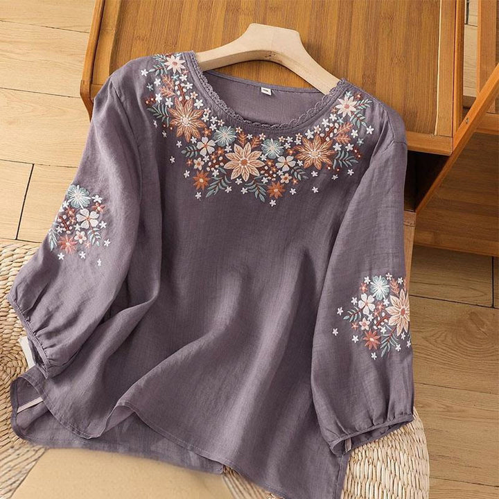 Buddha Stonesカジュアル 花 葉 刺繍 レディース クルーネックデザイン 七分袖 コットンリネン Tシャツ - ミディアムパープル - US12、 UK/AU16、 EU44 (3XL) - image 0