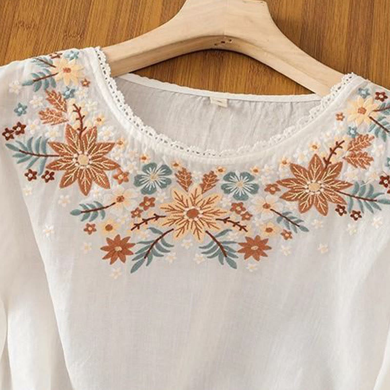 Buddha Stonesカジュアル 花 葉 刺繍 レディース クルーネックデザイン 七分袖 コットンリネン Tシャツ - image 6