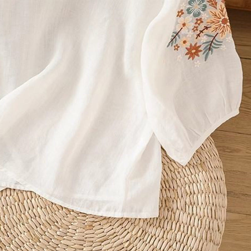 Buddha Stonesカジュアルフラワーリーフ刺繍入りレディースクルーネック七分袖Tシャツ - image 10