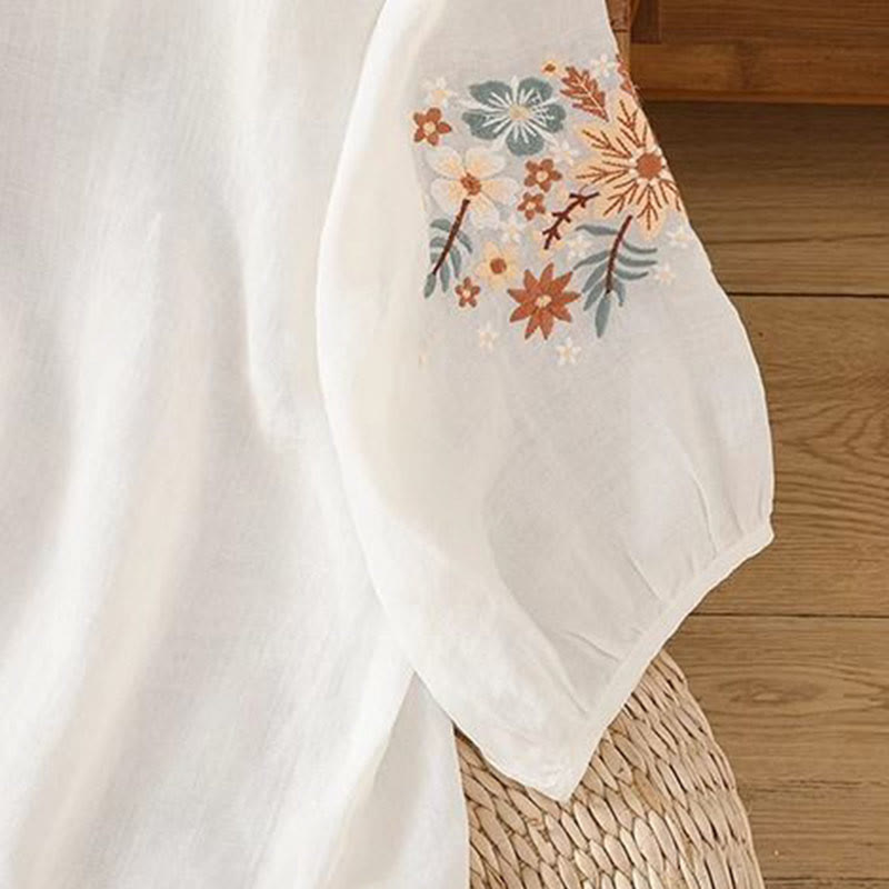 Buddha Stonesカジュアル 花 葉 刺繍 レディース クルーネックデザイン 七分袖 コットンリネン Tシャツ - image 9