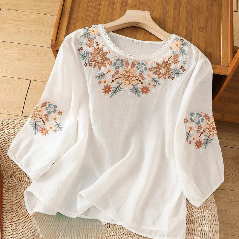 Buddha Stonesカジュアル 花 葉 刺繍 レディース クルーネックデザイン 七分袖 コットンリネン Tシャツ - 雪 - US12、 UK/AU16、 EU44 (3XL) - image 5