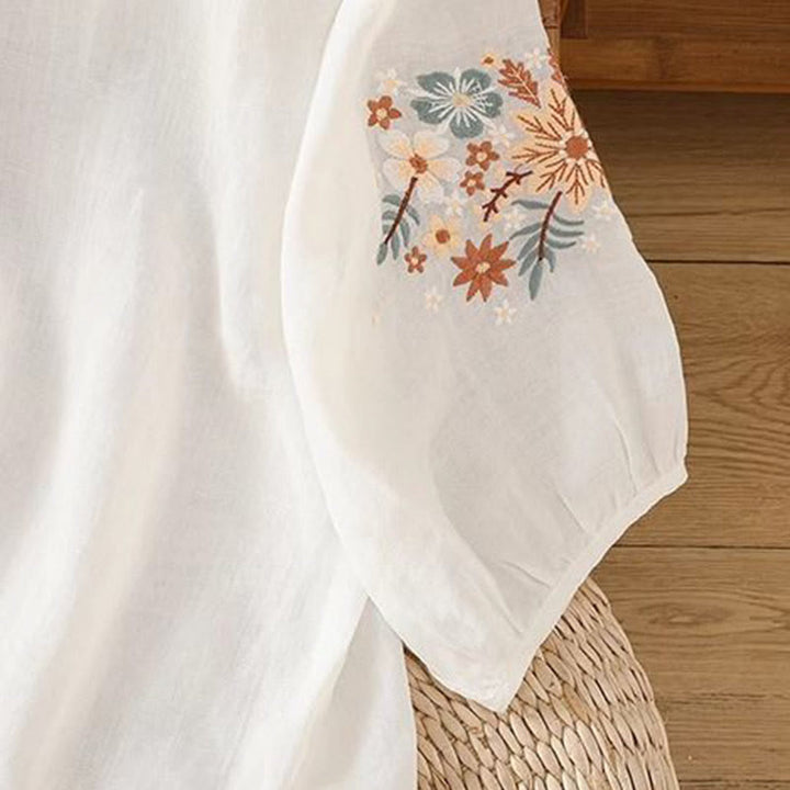 Buddha Stonesカジュアルフラワーリーフ刺繍入りレディースクルーネック七分袖Tシャツ - image 9