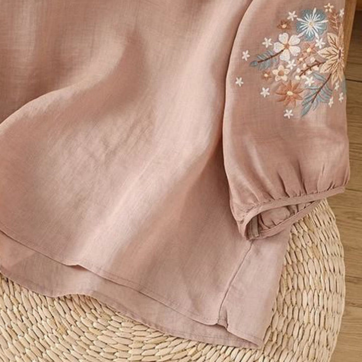 Buddha Stonesカジュアル 花 葉 刺繍 レディース クルーネックデザイン 七分袖 コットンリネン Tシャツ - image 16