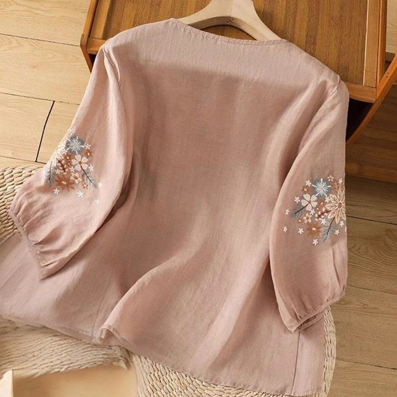 Buddha Stonesカジュアル 花 葉 刺繍 レディース クルーネックデザイン 七分袖 コットンリネン Tシャツ - image 12