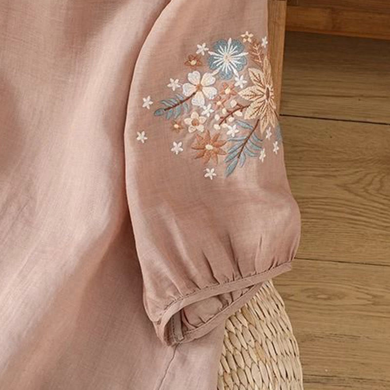 Buddha Stonesカジュアル 花 葉 刺繍 レディース クルーネックデザイン 七分袖 コットンリネン Tシャツ - image 15