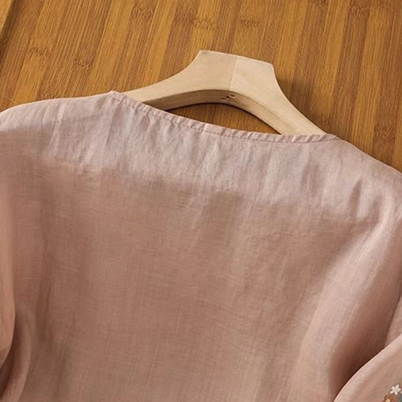 Buddha Stonesカジュアルフラワーリーフ刺繍入りレディースクルーネック七分袖Tシャツ - image 14