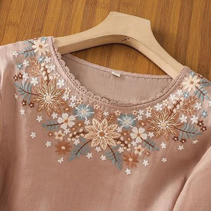 Buddha Stonesカジュアルフラワーリーフ刺繍入りレディースクルーネック七分袖Tシャツ - image 13