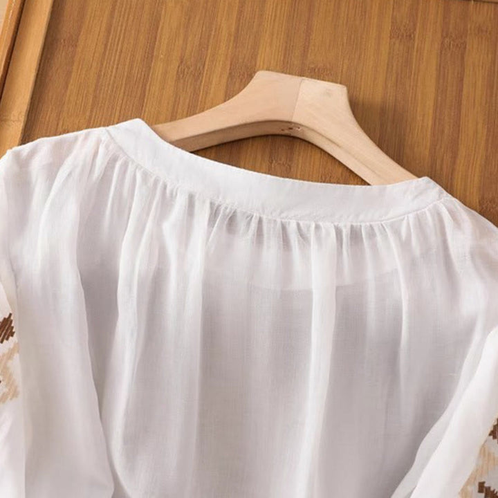 Buddha Stonesカジュアル シンメトリー 刺繍 レディース クルーネックデザイン 半袖 スパンデックス Tシャツ - image 3