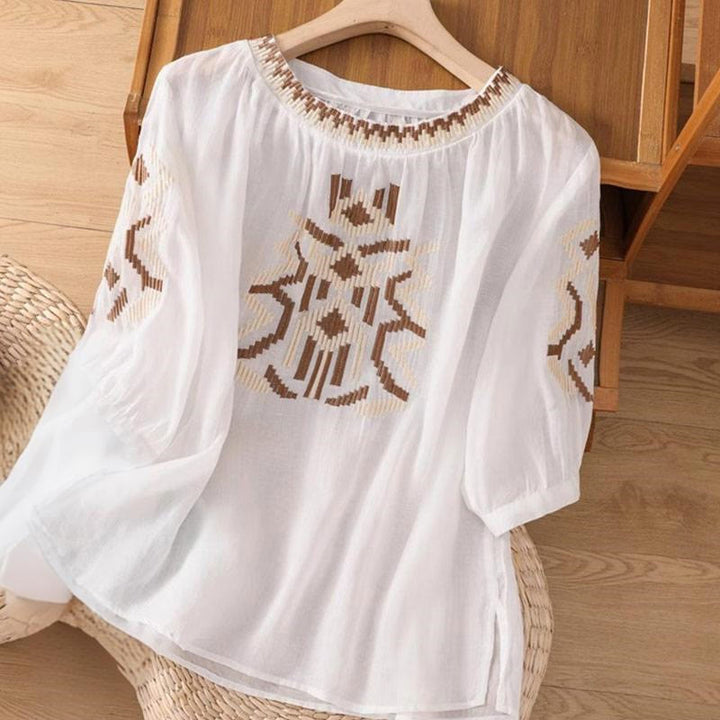 Buddha Stonesカジュアル シンメトリー 刺繍 レディース クルーネックデザイン 半袖 スパンデックス Tシャツ