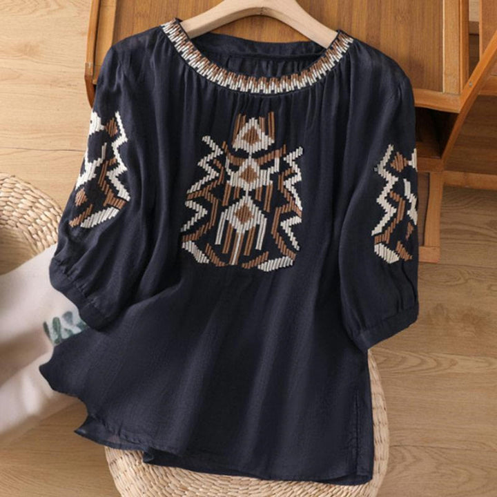 Buddha Stonesカジュアル シンメトリー 刺繍 レディース クルーネックデザイン 半袖 スパンデックス Tシャツ