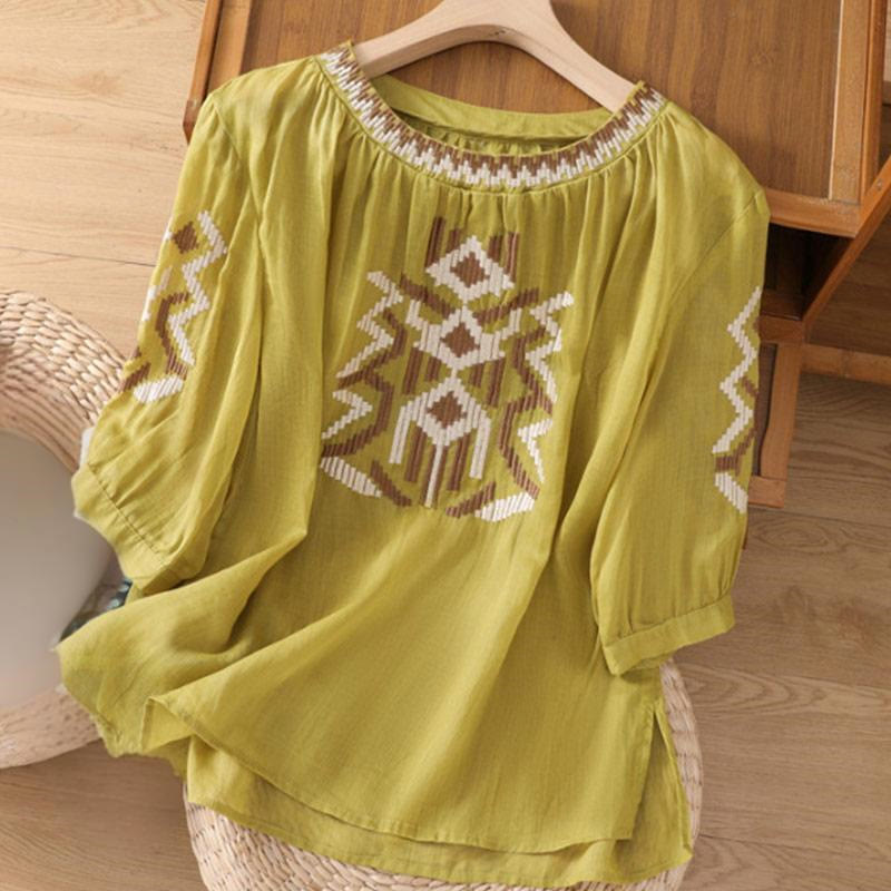 Buddha Stonesカジュアル シンメトリー 刺繍 レディース クルーネックデザイン 半袖 スパンデックス Tシャツ - カーキ - US14、 UK/AU18、 EU46 (4XL) - image 24