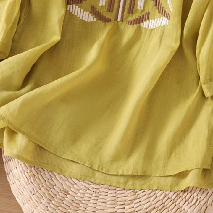 Buddha Stonesカジュアル シンメトリー 刺繍 レディース クルーネックデザイン 半袖 スパンデックス Tシャツ