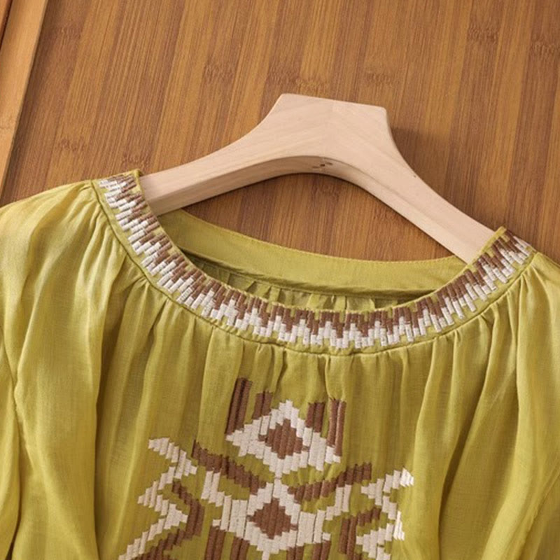 Buddha Stonesカジュアル シンメトリー 刺繍 レディース クルーネックデザイン 半袖 スパンデックス Tシャツ