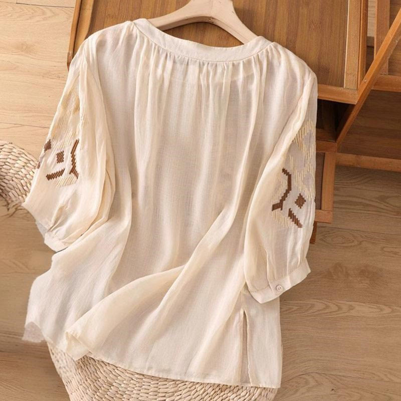 Buddha Stonesカジュアル シンメトリー 刺繍 レディース クルーネックデザイン 半袖 スパンデックス Tシャツ - image 34