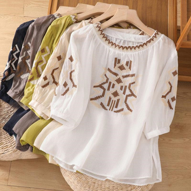 Buddha Stonesカジュアル シンメトリー 刺繍 レディース クルーネックデザイン 半袖 スパンデックス Tシャツ