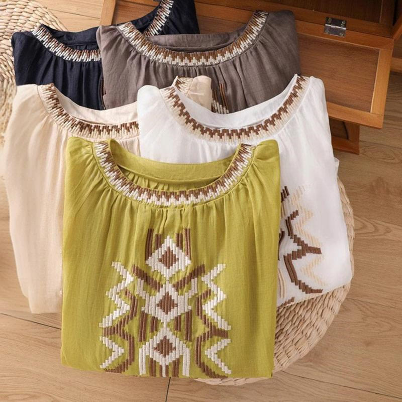 Buddha Stonesカジュアル シンメトリー 刺繍 レディース クルーネックデザイン 半袖 スパンデックス Tシャツ
