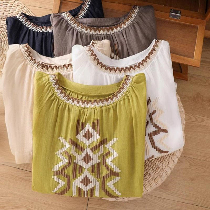 Buddha Stonesカジュアル シンメトリー 刺繍 レディース クルーネックデザイン 半袖 スパンデックス Tシャツ