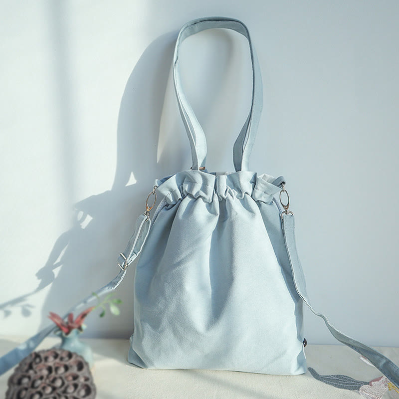 Buddha Stones刺繍入りグリーンペアブルーエピフィラムキャンバストートバッグクロスボディバッグショルダーバッグハンドバッグ