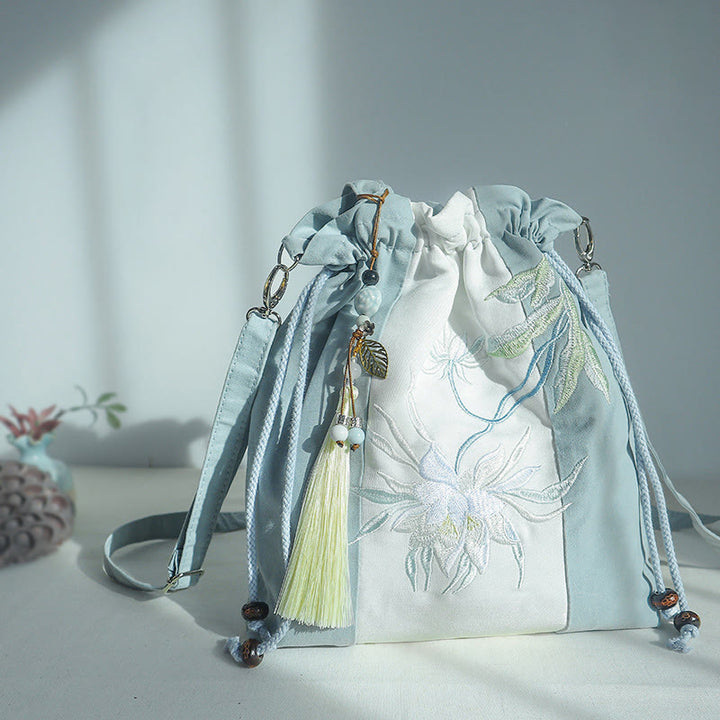 Buddha Stones刺繍入りグリーンペアブルーエピフィラムキャンバストートバッグクロスボディバッグショルダーバッグハンドバッグ