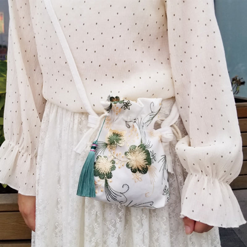 Buddha Stones刺繍の花と桜のつるのキャンバスクロスボディバッグショルダーバッグ