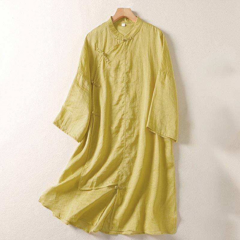 Buddha Stonesプレーンフロッグボタン 長袖 コットンリネン レディース ミディドレス - カーキ - US8-10，UK/AU12-14，EU40-42 (2XL) - image 0